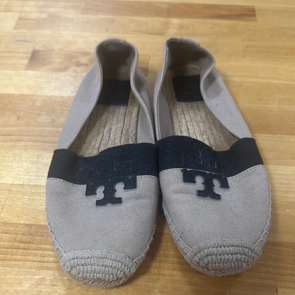 Beige and Black Tory Burch Espadrille Flats